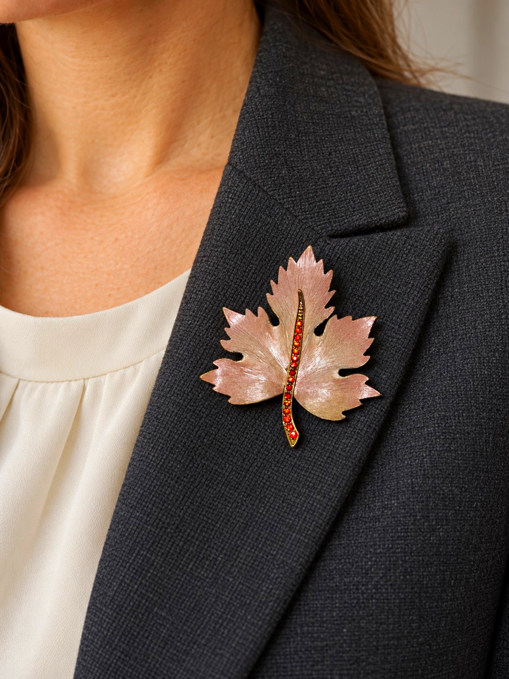 Pink Pearlescent Leaf Brooch Orange Rhinestone Gold Tone Stem Fall Pin